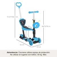 HOMCOM 3 en 1 Patinete para Niños de +18 Meses Scooter de 3 Ruedas con Asiento Extraíble Manillar Mango de Empuje Altura Ajustable 62x25x72,5 cm Azul(m-4)