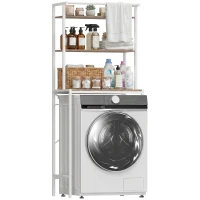 HOMCOM Étagère de Machine à Laver 3 Niveaux, Meuble pour Lave-Linge et Sèche-Linge avec Barre de Suspension, Marron et Blanc(m-16)
