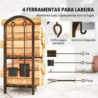 Outsunny Porta-Lenha Metálico de 2 Níveis com 4 Ferramentas para Lareira e Ganchos 43x30x74 cm Castanho Escuro(m-5)