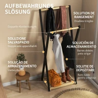 HOMCOM Cuier de podea din lemn cu 2 bare și raft inferior, design modern, 61x45x152cm(m-4)