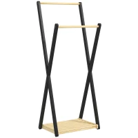 HOMCOM Cuier de podea din lemn cu 2 bare și raft inferior, design modern, 61x45x152cm(m-1)
