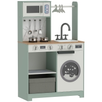 AIYAPLAY Cocina de Juguete de Madera con Lavandería Máquina de Hielo Cajón de Tela Perchas Accesorios de Acero Inoxidable Verde