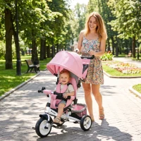HOMCOM Triciclo para Bebés Evolutivo com Capota Dobrável Guiador Telescópico e Removível Bolsa e Porta-Garrafas 102x49x102 cm Rosa(m-2)