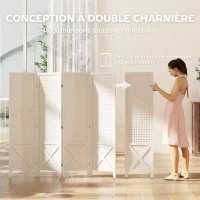 HOMCOM Paravent intérieur en bois 4 panneaux séparateur de pièce pliable panneau perforé 152 x 1,7 x 144,5 cm blanc(m-6)