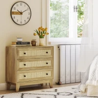 HOMCOM Cómoda con 3 Cajones Cajonera de Madera con Frontales de Ratán Estilo Cannage para Dormitorio 80x35x76 cm Natural(m-10)