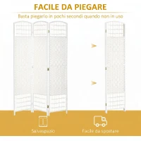HOMCOM Paravento a 3 Ante Pieghevole per Interni, Autoportante e Intrecciato, 120x170 cm, Bianco(m-4)
