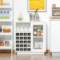 HOMCOM Aparador de Cocina con Botellero para 20 Botellas Armario Auxiliar con 1 Puerta de Cristal Estantes 80x36x85 cm Blanco(m-10)