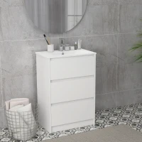 kleankin Mobiletto Bagno a 2 Cassetti in Truciolato con Lavabo in Ceramica Sintetica, 61x37x88 cm, Bianco(m-10)