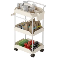 HOMCOM Carrito Auxiliar con Ruedas de 3 Niveles Carrito de Cocina con Cestas Extraíbles y Soporte para Toallas Blanco(m-11)