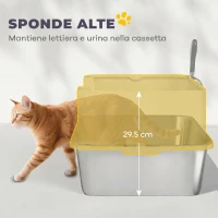 PawHut Lettiera per Gatti XL in Acciaio Inox con Paletta, Lati Alti, Antiperdita, Antiodore, Fino a 7 kg, Grigio(m-5)