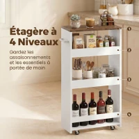 HOMCOM Desserte de Cuisine à Roulettes 4 Niveaux, Îlot Central Cuisine Étroit avec Poignée Latérale, 40 x 20 x 84 cm, Blanc(m-5)
