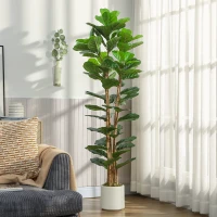 HOMCOM Plante artificielle intérieure 180 cm Figuier lyre arbre artificiel avec pot en plastique et tronc en bois massif, vert(m-11)