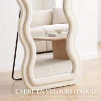 HOMCOM Miroir Pleine Longueur 160 x 60 cm, Miroir Ondulé sur Pied ou Mural, Cadre Effet Velours et Verre Trempé, Crème(m-4)