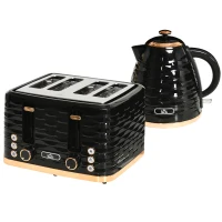 HOMCOM Kettle and Toaster Sets, 3000W 1.7L Rapid Boil Kettle & 4 Slice Toaster with 7 Browning Controls, Defrost, Reheat and Crumb Tray, UK Otter thermostat, Black(m-13)