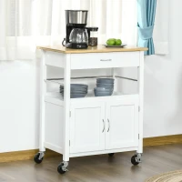 HOMCOM Desserte de cuisine multi-rangements - dim. 73L x 50l x 91H cm - poignées métal MDF blanc plateau bois bambou verni(m-10)