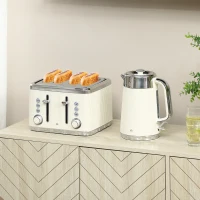 HOMCOM Electric Stainless Steel Kettle and Toaster Set, 3000W 1.7L UK Strix Thermostat Fast Boil Kettle w/ Limescale Filter, Cool Touch Body, 4 Slice Toaster with 7 Browning Levels, Cream White(m-10)