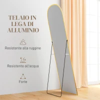 HOMCOM Specchio da Terra e Parete Moderno in Lega di Alluminio con Supporto Pieghevole, 50x170cm, Oro(m-6)