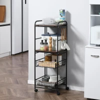 HOMCOM Carrito Auxiliar de Almacenaje con 2 Estantes 2 Cestas Extraíbles y 4 Ganchos 40x38x111 cm Nogal y Negro(m-10)