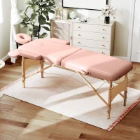 HOMCOM Camilla de Masaje Plegable con Reposacabezas Extraíble Asa Marco de Madera y Altura Regulable 210x81x67-92 cm Rosa(m-10)