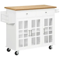 HOMCOM Carro de Cocina con Ruedas Isla de Cocina con 2 Cajones 3 Puertas de Vidrio Templado Toallero 124,5x39,5x90 cm Blanco(m-1)