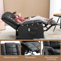 HOMCOM Sillón de Masaje Reclinable con 8 Puntos de Masaje Mando a Distancia Tapizado en PU Reposapiés Bolsillo Lateral Negro(m-7)