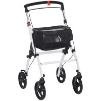 HOMCOM Andador para Personas Mayores Plegable de Aluminio con 4 Ruedas Bandeja Altura Ajustable Frenos de Maneta Blanco(m-1)