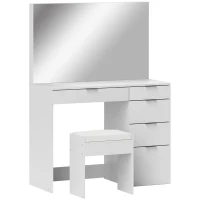 HOMCOM Set Masă de Toaletă cu Oglindă și 5 Sertare 97,2x44,5x136,5 cm și Taburet Căptușit 40x24x46 cm, Alb(m-11)