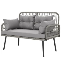 Outsunny Canapé de jardin avec coussins et oreillers 2 places en résine tressée, canapé d'extérieur avec accoudoirs gris foncé(m-13)