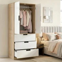 HOMCOM Modern Clothes Storage Cupboard Unit, 3 Drawer 2 Door Wardrobe with Hanging Rod, Oak(m-14)