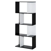 HOMCOM  Bücherregal S-förmiges Standregal Lagerregal 4-stufige Vitrine mit Hardware-Schnalle moderner Raumteiler Spanplatte Schwarz+Weiß 60 x 24 x 148 cm(m-1)