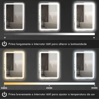 HOMCOM Espelho Casa de Banho com Luzes LED 70x90 cm Função Antiembaciamento 3 Temperaturas de Cor Ajustável e Função de Memória Prata(m-6)