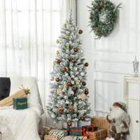 HOMCOM Brad de Crăciun 183 cm cu 479 Ramuri Înzăpezite, Design Îngust și Înalt cu Bază Rabatabilă, Verde(m-8)