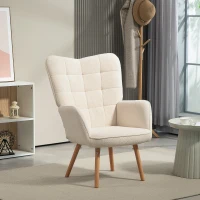 HOMCOM Modern Accent Chair, Upholstered High Back Armchair with Tufted Wingback, Seat Padding, Teddy Fleece Leisure Lounge Bedroom Chair with Wood Legs, Cream White(m-10)