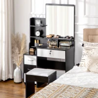 HOMCOM Ensemble de coiffeuse table de maquillage avec tabouret rembourré grand miroir + plusieurs étagères ouvertes + 4 tiroirs blanc noir(m-2)