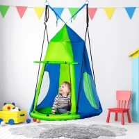 Outsunny Nestschaukel mit Zelt Ø100 cm Gartenschaukel mit Tür und Fenster Tellerschaukel Kinderschaukel Kinder Rundschaukel bis 200 kg belastbar Metall Grün+Blau(m-10)