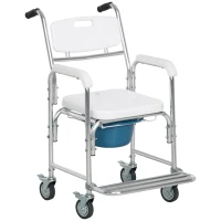 HOMCOM Sedia Comoda con Ruote per Anziani 3 in 1, Sedia per WC in Alluminio con Secchio Rimovibile, Bianco(m-1)