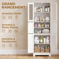 HOMCOM Meuble de salle de bain haut, meuble de rangement avec 6 portes dont 2 vitrées et 2 persiennes, étagère réglable, blanc(m-4)