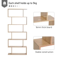 HOMCOM Bookcase, 6 Tier Shelf S Shaped Bookshelf, Storage Unit, Display Shelf for Living Room, Bedroom, Home Office, Plant, Oak(m-4)