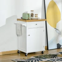 HOMCOM Kitchen Storage Trolley on Wheels with Bamboo Worktop, Rolling Kitchen Island Cart with Drawer and Towel Rack for Dining Room, White(m-2)