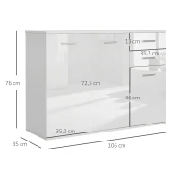 HOMCOM Buffet salon à haut brillance, meuble de rangement avec 2 tiroirs, 3 portes et étagère réglable, style contemporain, buffet salle à manger et cuisine, 106 x 35 x 76 cm, blanc(m-3)