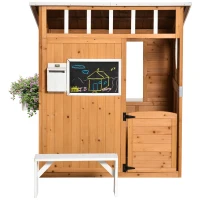 Outsunny Kinder Speelhuisje van Natuurhout met Brievenbus en Plantenbak, Natuur(m-8)