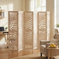 HOMCOM Paravent interieur en bois 6 panneaux 240 x 170 cm, pliable et portable, motif de feuille, design amovible, bois naturel(m-10)