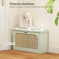 HOMCOM Banc à chaussures, banc de rangement, assise rembourrée, tiroir rabattable, porte en rotin, 80 x 26 x 47,5 cm, vert(m-4)