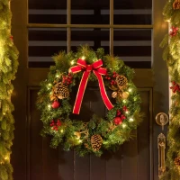 HOMCOM 60cm Pre-Lit Artificial Christmas Door Wreath Holly LED Decor Pine Cones Hanging Glittered Festival Indoor Decoration(m-2)