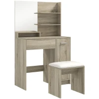 HOMCOM Tocador de Maquillaje con Taburete Espejo Estantes Abiertos Cajón y Estante Ajustable Anti-vuelco Natural y Beige(m-1)
