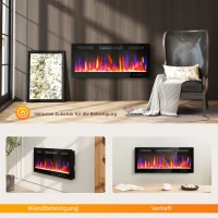 HOMCOM Elektrische haard, wandmontage, instelbare vlammen, thermostaat, timer, staal, zwart(m-9)