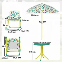 AIYAPLAY Conjunto Infantil de Mesa e Cadeiras de Jardim de 4 Peças Cadeiras Dobráveis Chapéu de Sol Desmontável Design de Selva Verde(m-3)