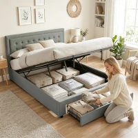 HOMCOM PU Leather King Size Ottoman Bed Frame, with Front Drawer - Grey(m-8)