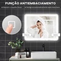 HOMCOM Espelho Casa de Banho com Luzes LED 70x90 cm Função Antiembaciamento 3 Temperaturas de Cor Ajustável e Função de Memória Prata(m-7)