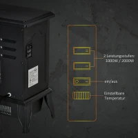 HOMCOM Elektrische Kachel Vrijstaand, Vlameffect, 2 Verwarmingsmodi 1000W/2000W, Gehard Glas, Zwart, 36,5x24x45,5 cm(m-5)